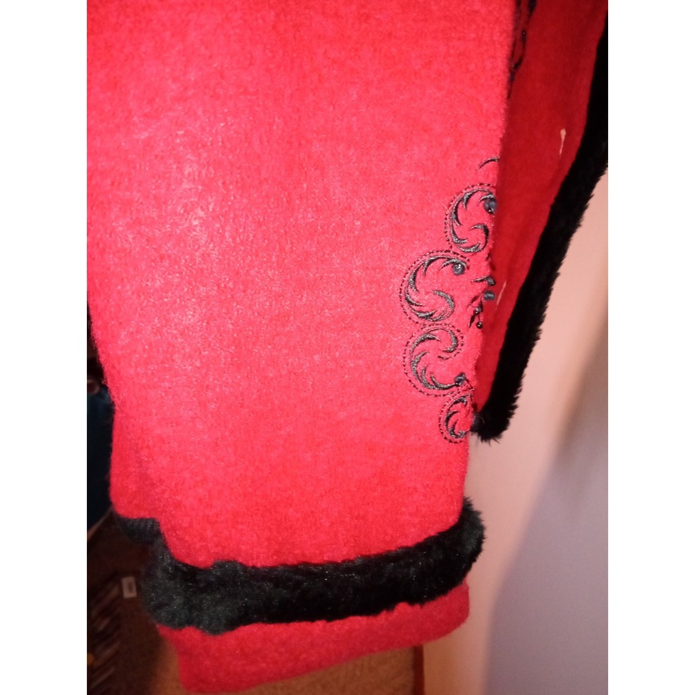 Vintage Red Wool Blend Embroidered Jacket Black Faux Fur Trim Beaded Floral Coat - Picture 5 of 11